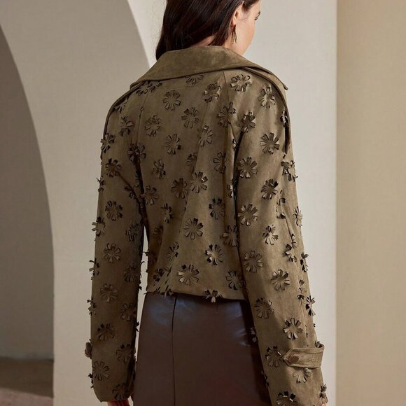 Khaki Casual Women's Collar 3d Laser Floral Embossed Jacket Coat - Picture 3 of 8